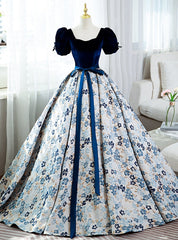 Blue Velvet Puff Sleeve Quinceanera Dresses