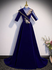 Blue Velvet Short Sleeve High Neck Appliques Prom Dresses