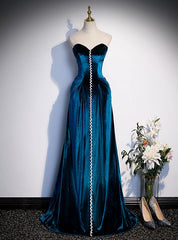 Blue Velvet Strapless Beading Prom Dresses