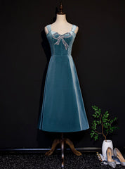 Blue Velvet Straps Beading Tea Length Prom Dresses