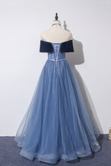 Blue Velvet Tulle Long A-Line Prom Dress, Off the Shoulder Evening Dress