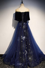 Blue Velvet Tulle Long Prom Dress, A-Line Blue Evening Party Dress