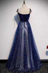 Blue Velvet Tulle Long Prom Dresses, A-Line Evening Party Dresses