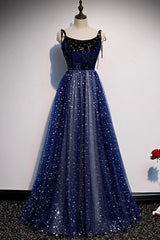 Blue Velvet Tulle Long Prom Dresses, A-Line Evening Party Dresses