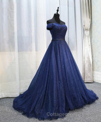 Dark Blue Shining Tulle Long Prom Dress, Evening Dress