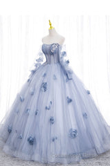 Blue Long Sleeves Tulle Prom Dress with Flowers, Puffy Off the Shoulder Quinceanera Dress