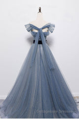 Blue Off the Shoulder Tulle Long Prom Dress with Sash, Sparkly Formal Gown