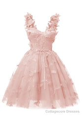 Blush Pink 3D Butterfly Lace Applique Tulle Homecoming Dress for Teens Sweetheart Mini Short Prom Dresses