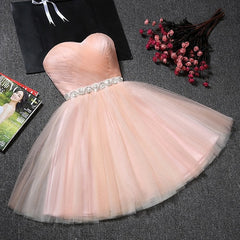 Blush Pink Tulle Strapless Sweetheart Neck Short Prom Dresses,Mini Homecoming Dress