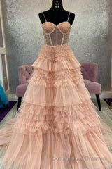 Blushing Pink Tulle Ruffle Layers Lace-Up Back A-Line Prom Dress