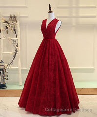 Burgundy V Neck Lace Long Prom Dress, Burgundy Evening Dress