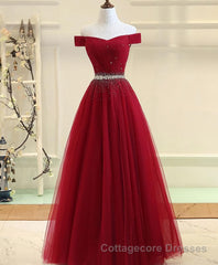 Burgundy Tulle Off Shoulder Long Prom Dress, Burgundy Evening Dress