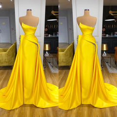 Bright Yellow Strapless Metallic Sequin Overskirt Prom Dresses