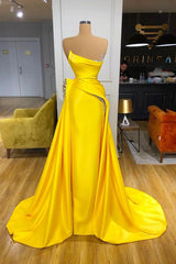 Bright Yellow Strapless Metallic Sequin Overskirt Prom Dresses