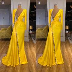 Bright Yellow V-neck Metallic Sequin Long sleeves Prom Dresses