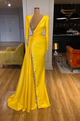 Bright Yellow V-neck Metallic Sequin Long sleeves Prom Dresses