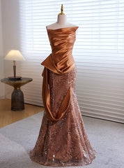 Brown Mermaid Strapless Sequins Satin Prom Dresses