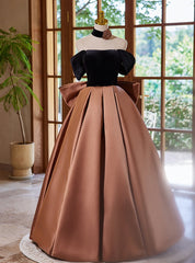 Brown Satin Black Velvet Off the Shoulder Prom Dresses