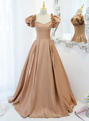 Brown Satin Puff Sleeve Beading Prom Dresses