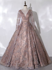 Brown Tulle Long Sleeve Pearls Embroidery Quinceanera Dresses