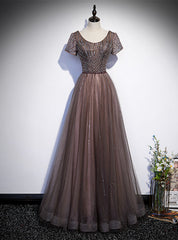 Brown Tulle V-neck Short Sleeve Beading Sequins Prom Dresses