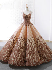 Brown Vintage Ball Gown Spaghetti Straps Wedding Dresses With Pearls