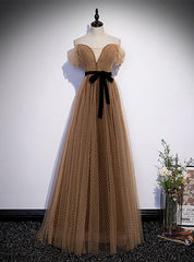 Brown Wave Point Tulle Off the Shoulder Prom Dresses