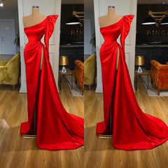 Bubble Sleeve One-shoulder Red High-split Long Evening Dresses