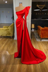 Bubble Sleeve One-shoulder Red High-split Long Evening Dresses