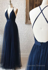 Simple Tulle Long Prom Dress, A Line Backless Evening Dress