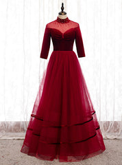 Burgund Tulle Velvet Half Sleeve Beading Prom Dresses