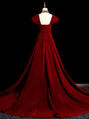 Burgundy A Line Beaded Velvet Long Prom Dresses