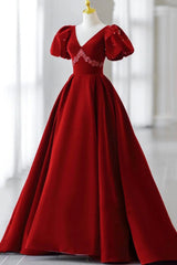 Burgundy A Line Puff Sleeves Velvet Long Prom Dresses Evening Dresses