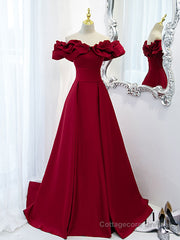 Burgundy A-Line Satin Long Prom Dress, Burgundy Formal Evening Dresses