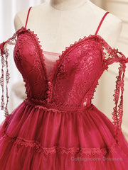 Burgundy A-Line Tulle Lace Short Prom Dress, Burgundy Homecoming Dresses