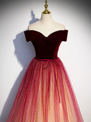 Burgundy Aline Tulle Sequin Long Prom Dress, Velvet Burgundy Formal Party Dress