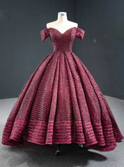 Burgundy Ball Gown  Sequins Off the Shoulder Prom Dresses