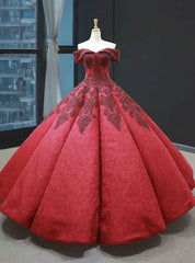 Burgundy Ball Gown Lace Off the Shoulder Appliques Beading Prom Dresses