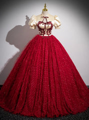 Burgundy Ball Gown Puff Sleeve Quinceanera Dresses