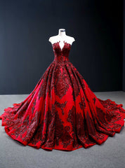 Burgundy Ball Gown Satin Sequins Appliques Cap Sleeve Prom Dresses With Long Train