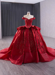 Burgundy Ball Gown Satin Sequins Prom Dresses