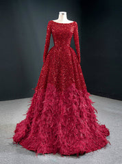 Burgundy Ball Gown Sequins Long Sleeve Feather Prom Dresses