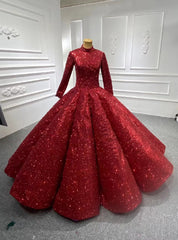 Burgundy Ball Gown Sequins Long Sleeve High Neck Prom Dresses