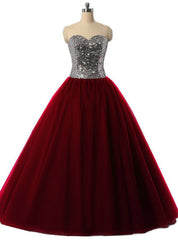 Burgundy Ball Gown Sweetheart Tulle Sequins Quinceanera Dresses