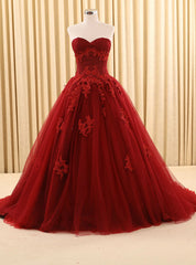 Burgundy Ball Gown Tulle Sweetheart Appliques Wedding Dresses