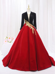 Burgundy Black Velvet Long Sleeve Beading Prom Dresses