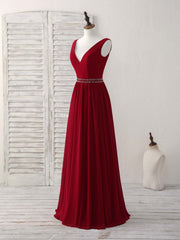 Burgundy Chiffon V Neck Beads Long Prom Dress Burgundy Evening Dress