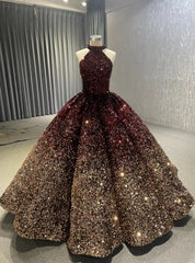 Burgundy Gold Sequins Halter Prom Dresses