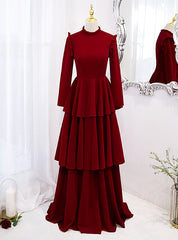 Burgundy High Neck Long Sleeve Prom Dresses