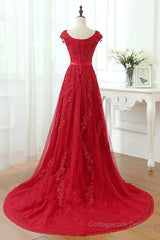 Burgundy Lace Prom Dresses with Train, Wine Red Lace Formal Evening Dresses